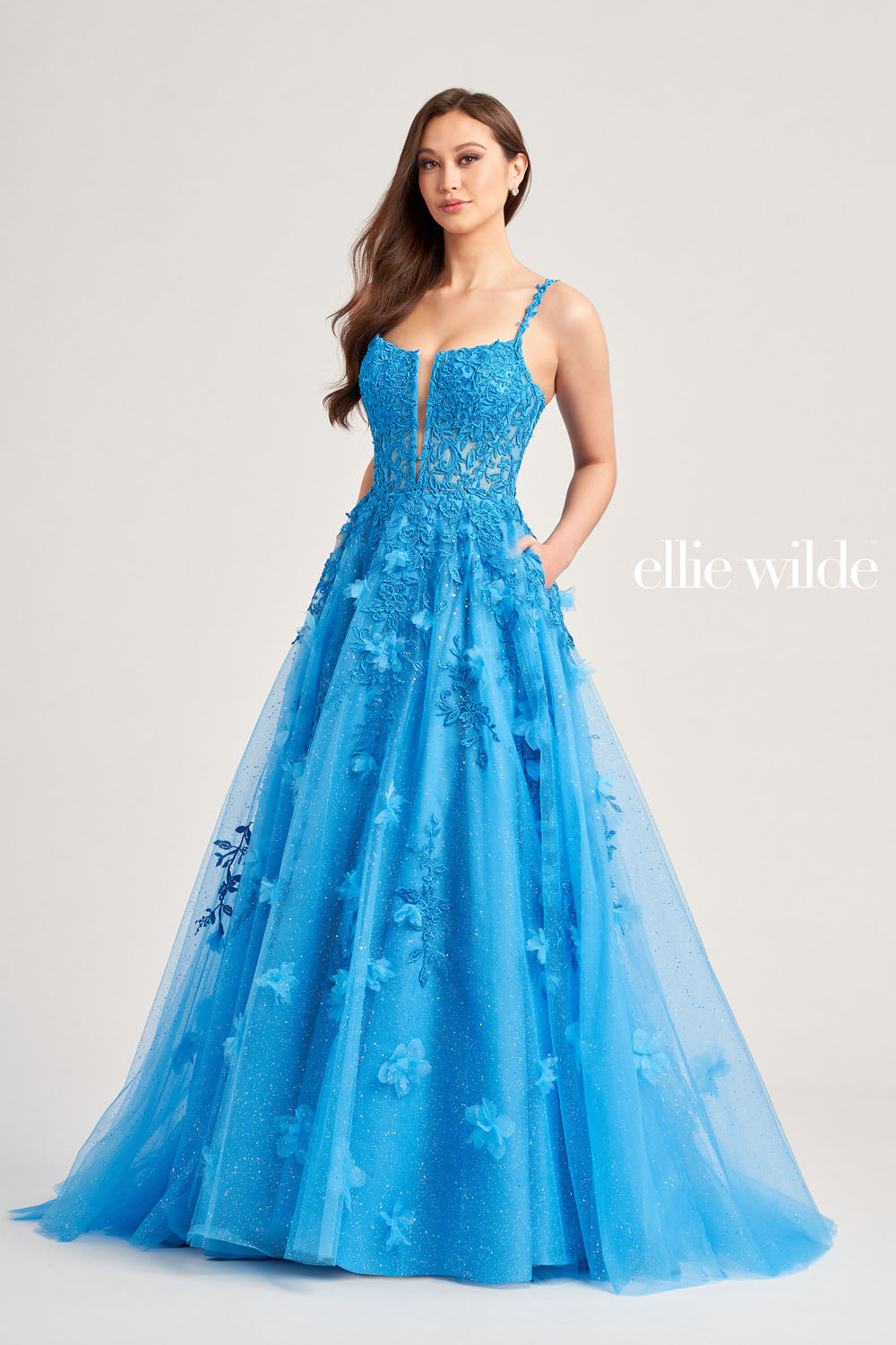 Ellie Wilde EW35081 prom dress images. Ellie Wilde EW35081 is available in these colors: Cerulean Blue, Hot Pink, Lilac.