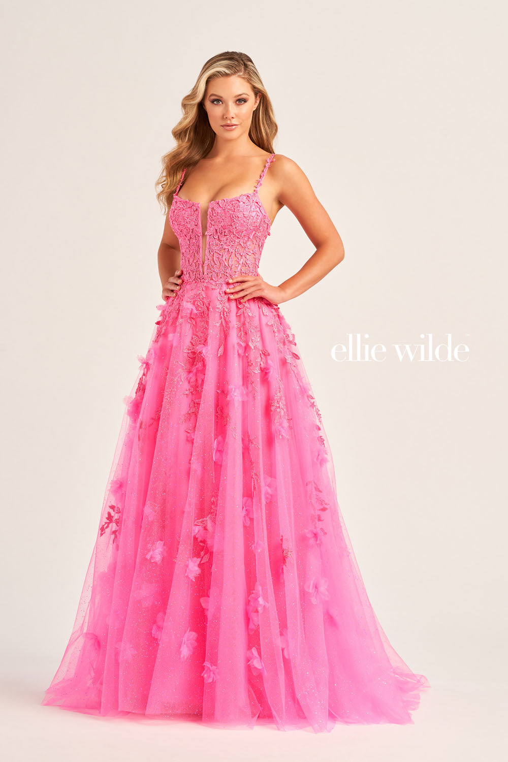 Ellie Wilde EW35081 prom dress images. Ellie Wilde EW35081 is available in these colors: Cerulean Blue, Hot Pink, Lilac.