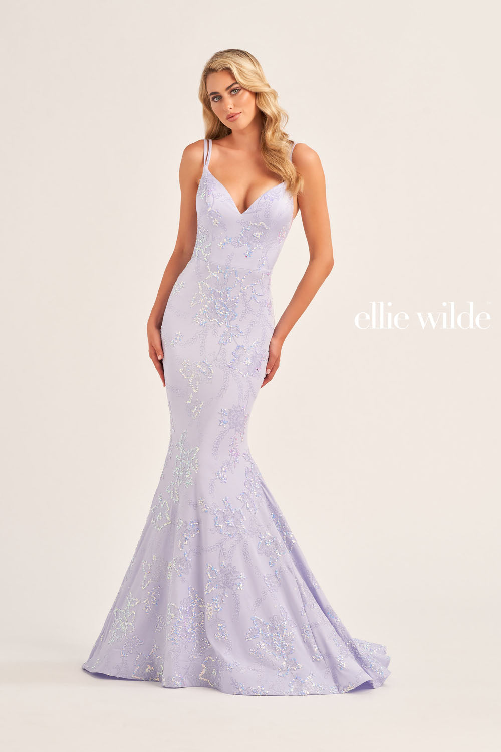 Ellie Wilde EW35083 prom dress images. Ellie Wilde EW35083 is available in these colors: Mauve Gold, Petal, Emerald, Lavender Frost.