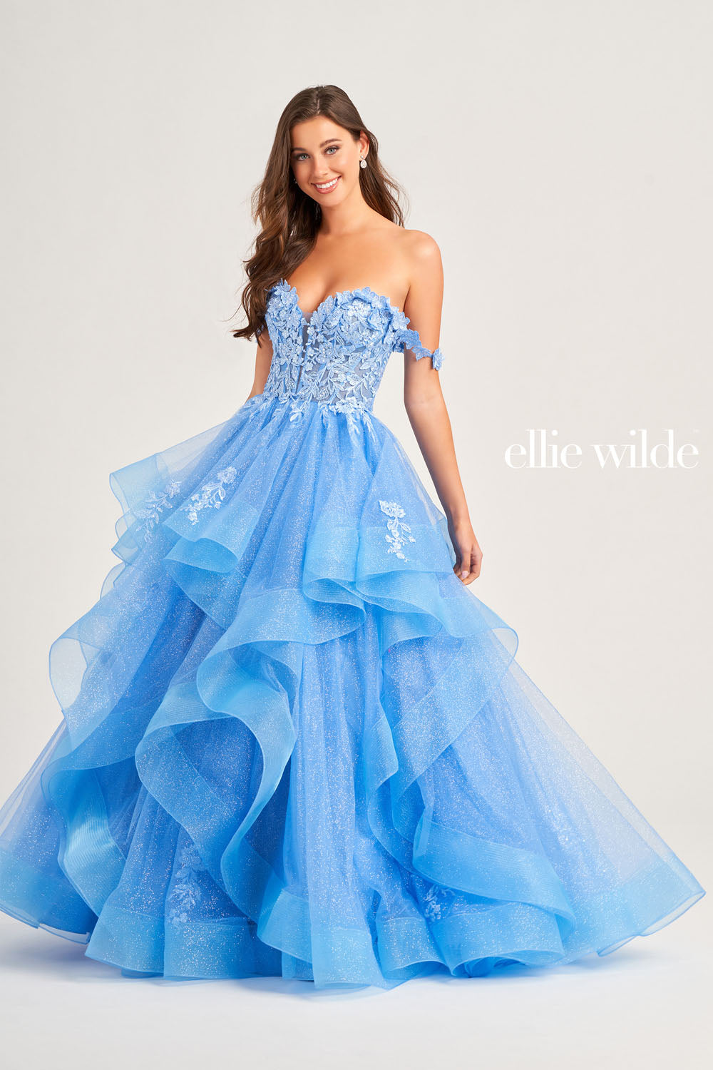 Ellie Wilde EW35084 prom dress images. Ellie Wilde EW35084 is available in these colors: Bluebell, Teal, Royal Blue, Hot Pink, Emerald.