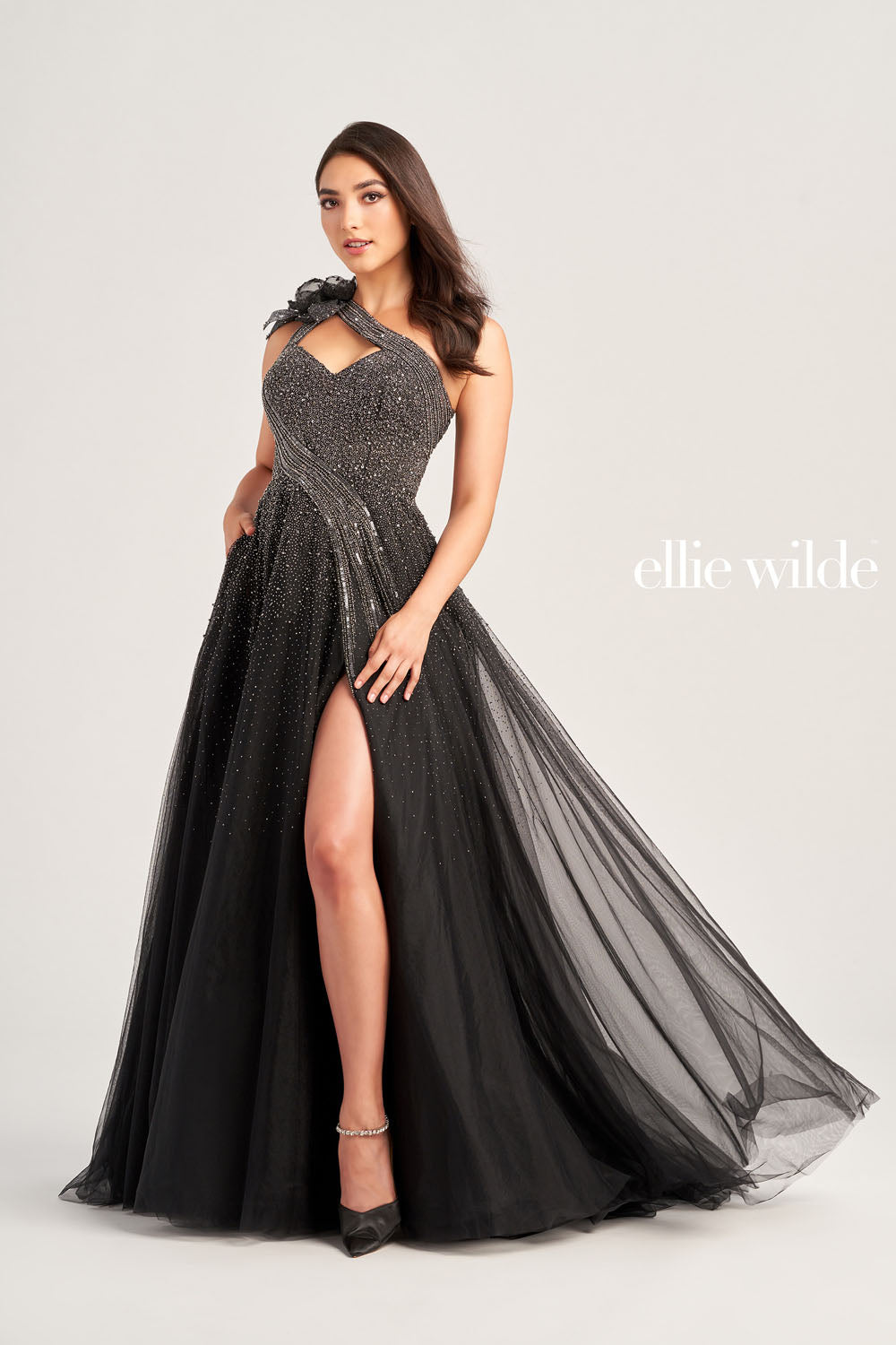 Ellie Wilde EW35086 prom dress images. Ellie Wilde EW35086 is available in these colors: Misty Blue, Black Gunmetal.