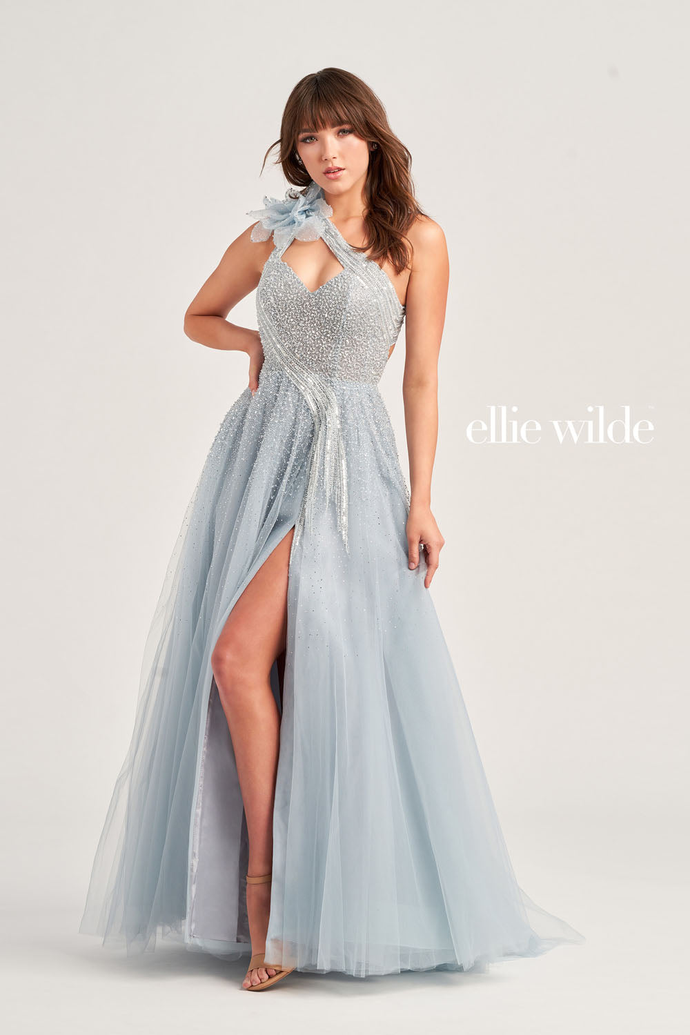 Ellie Wilde EW35086 prom dress images. Ellie Wilde EW35086 is available in these colors: Misty Blue, Black Gunmetal.