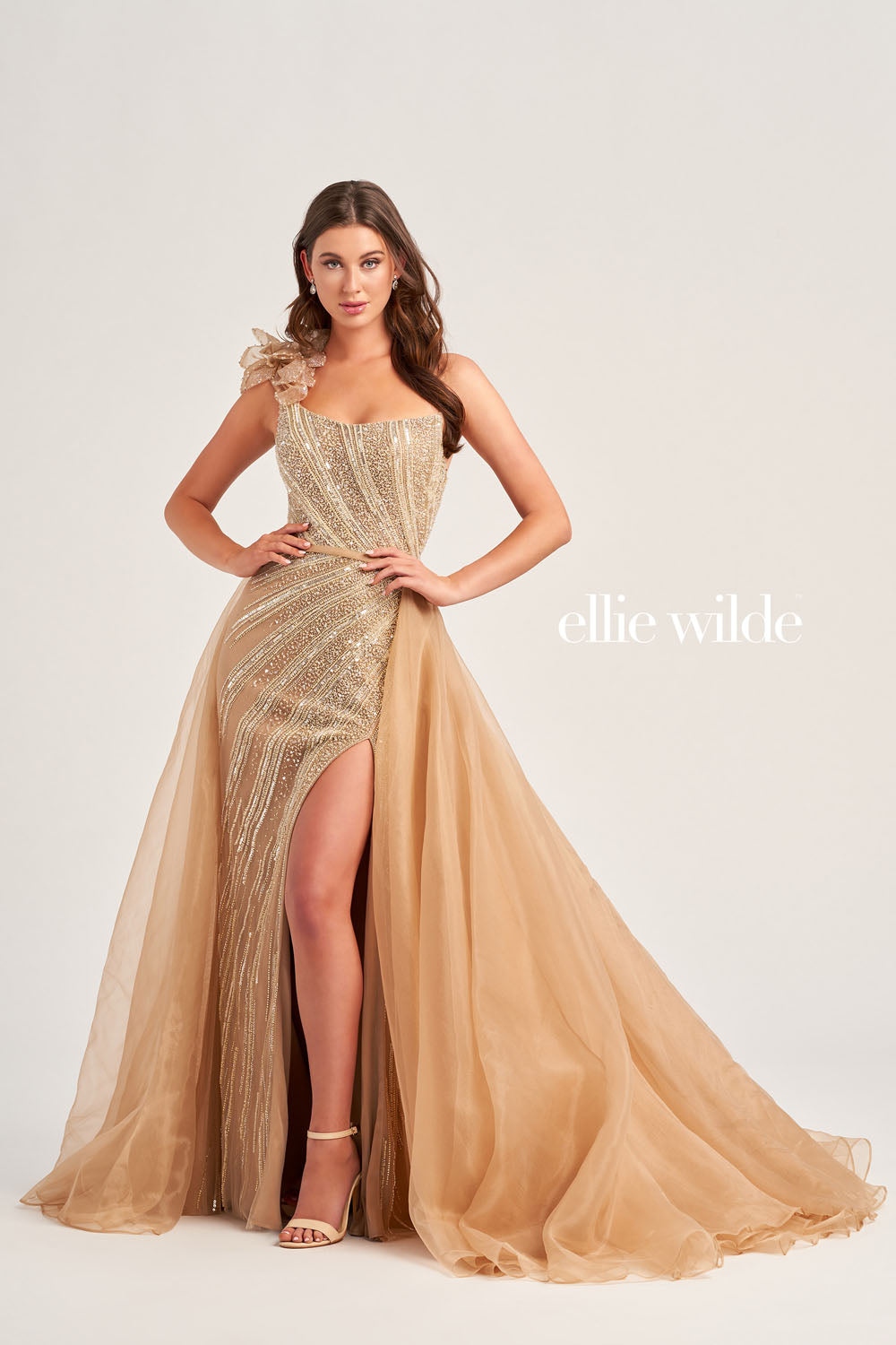 Ellie Wilde EW35087 prom dress images. Ellie Wilde EW35087 is available in these colors: Tan, Aubergine.