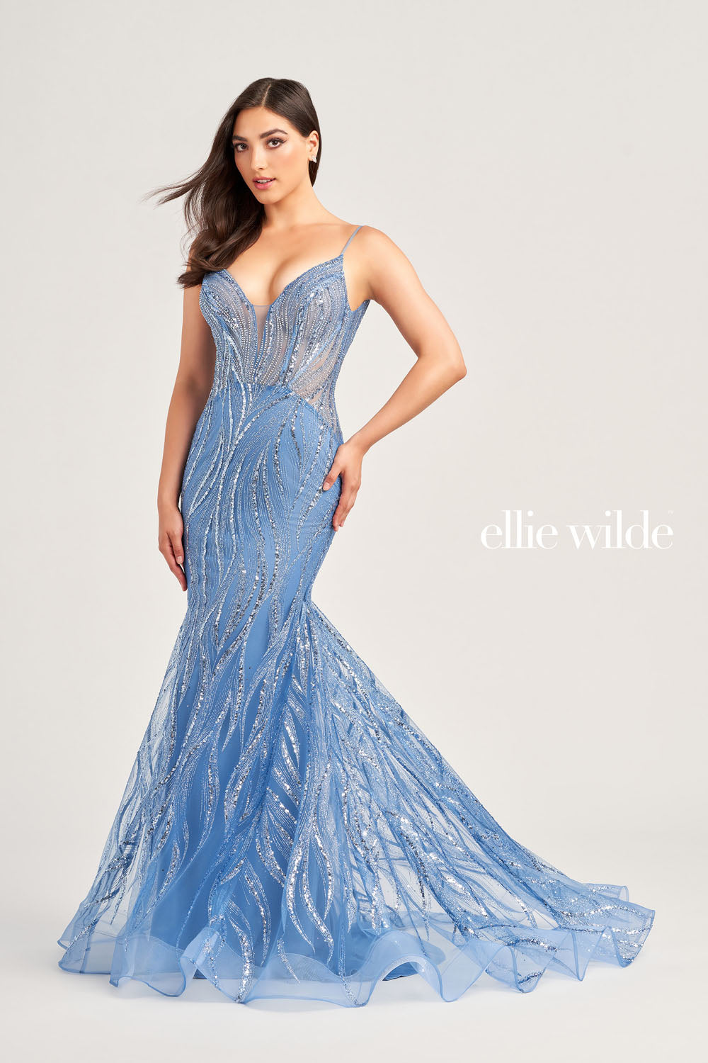 Ellie Wilde EW35098 prom dress images. Ellie Wilde EW35098 is available in these colors: Steel Blue, Gray Gold.