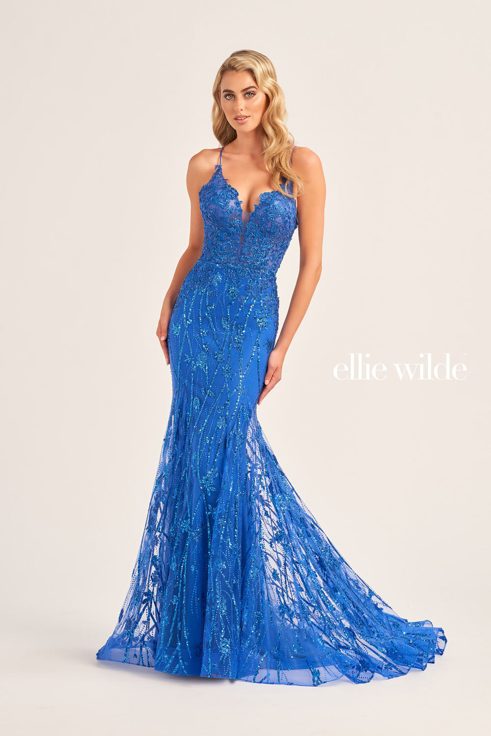Ellie Wilde EW35104 prom dress images. Ellie Wilde EW35104 is available in these colors: Sea Glass, Royal Blue, Orange, Lilac, Emerald.