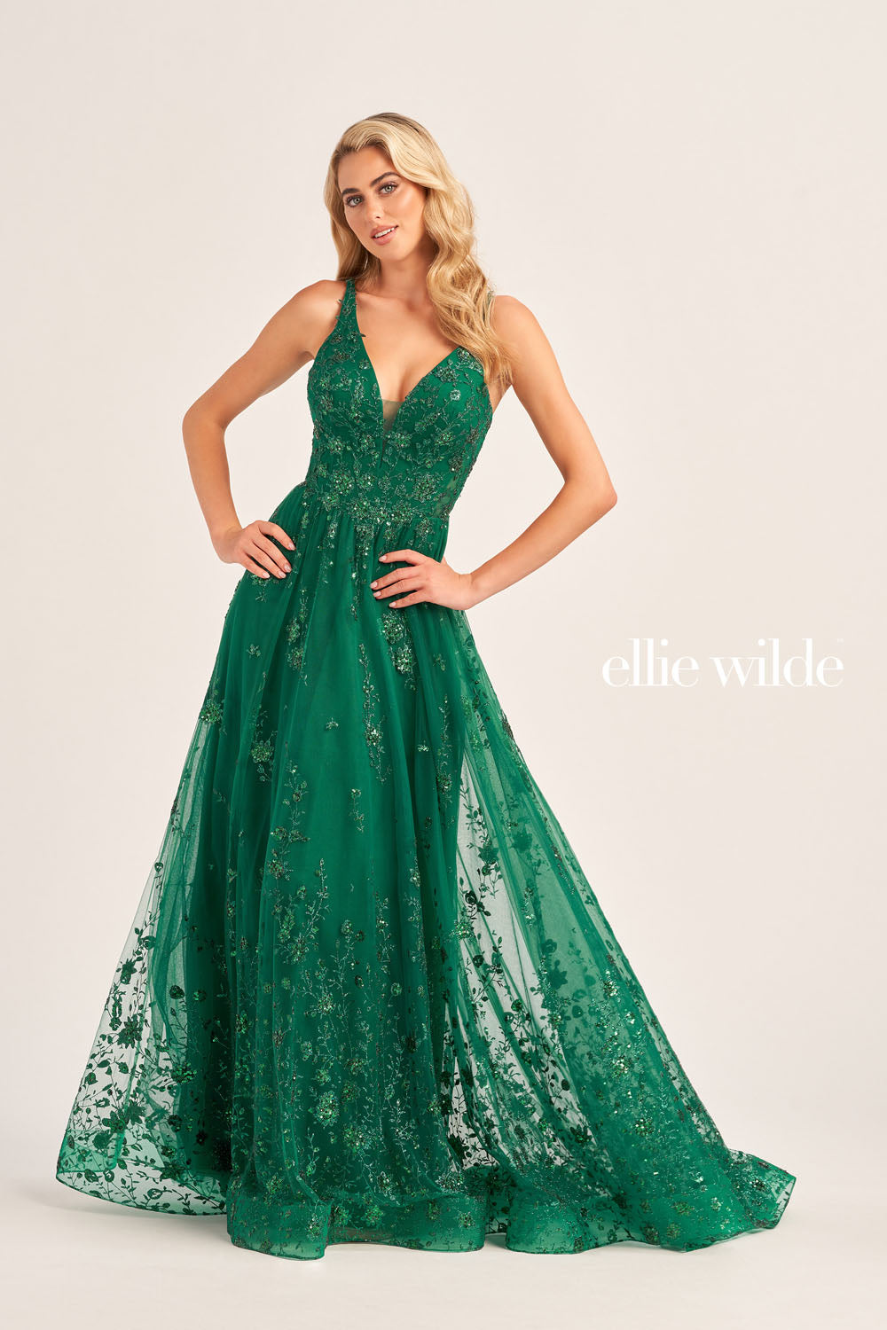 Ellie Wilde EW35105 prom dress images. Ellie Wilde EW35105 is available in these colors: Sea Glass, Royal Blue, Orange, Lilac, Emerald, Magenta, Strawbery.