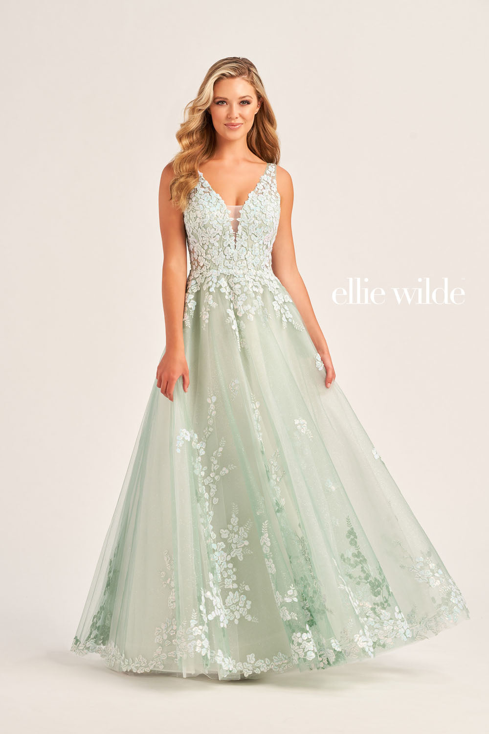 Ellie Wilde EW35106 prom dress images. Ellie Wilde EW35106 is available in these colors: Frost Blue, Whispering Green.
