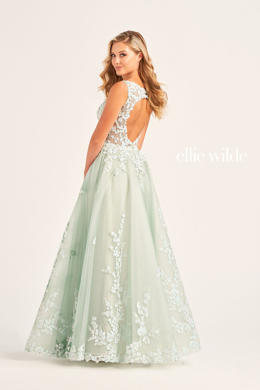 Ellie Wilde EW35106 prom dress images. Ellie Wilde EW35106 is available in these colors: Frost Blue, Whispering Green.