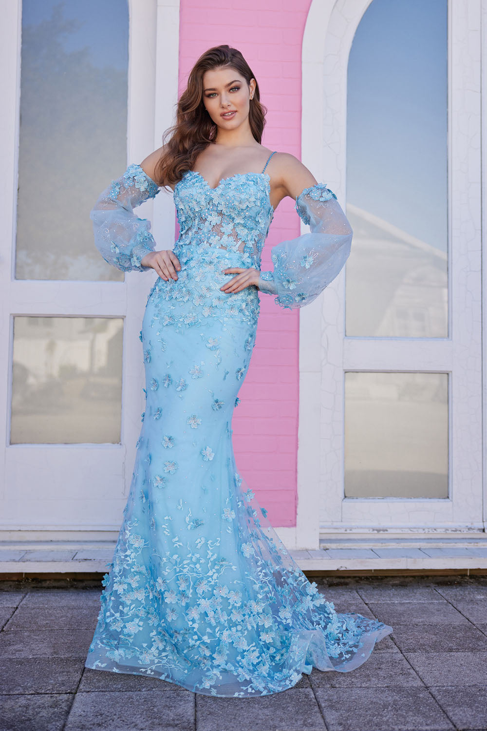 Ellie Wilde EW35107 prom dress images. Ellie Wilde EW35107 is available in these colors: Light Blue, Lavender, Blush.