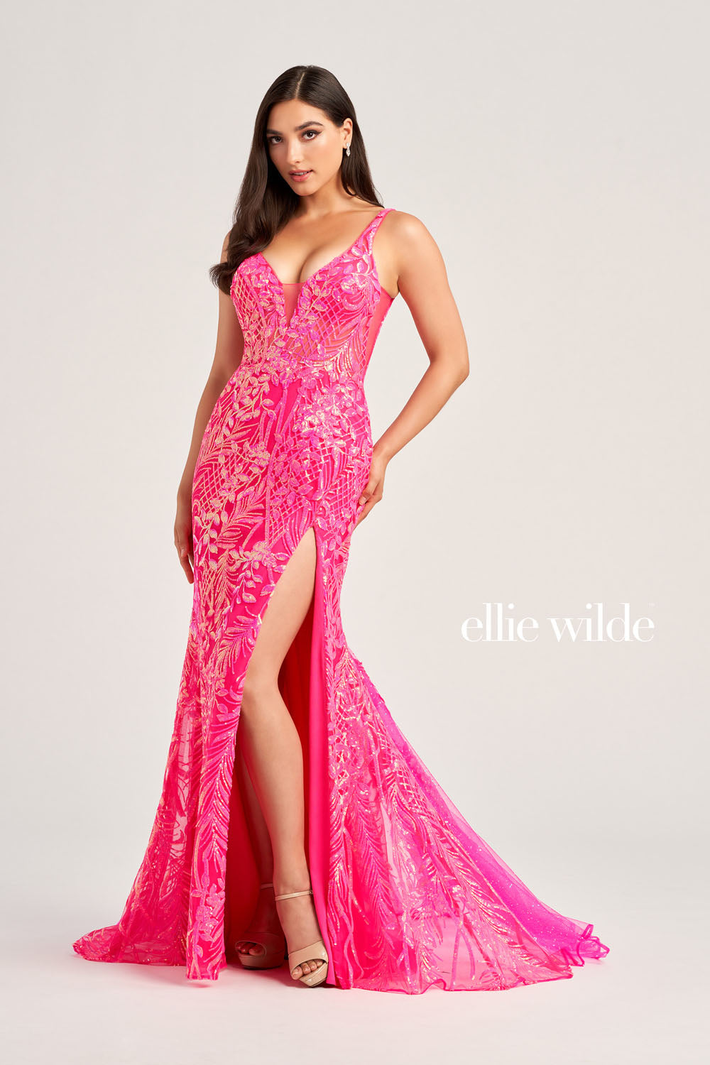 Ellie Wilde EW35201 prom dress images. Ellie Wilde EW35201 is available in these colors: Hot Pink, Light Blue, Purple Rain, Orange, Ocean Blue.
