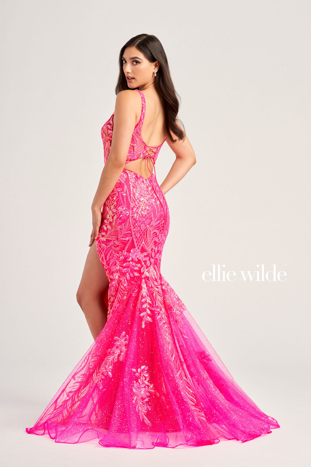 Ellie Wilde EW35201 prom dress images. Ellie Wilde EW35201 is available in these colors: Hot Pink, Light Blue, Purple Rain, Orange, Ocean Blue.