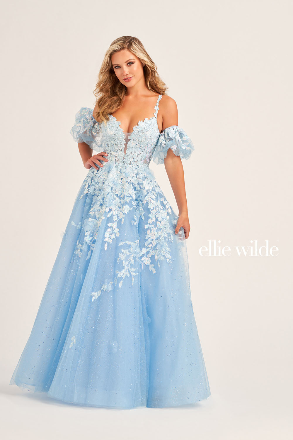 Ellie Wilde EW35205 prom dress images. Ellie Wilde EW35205 is available in these colors: Sage, Ice Blue.