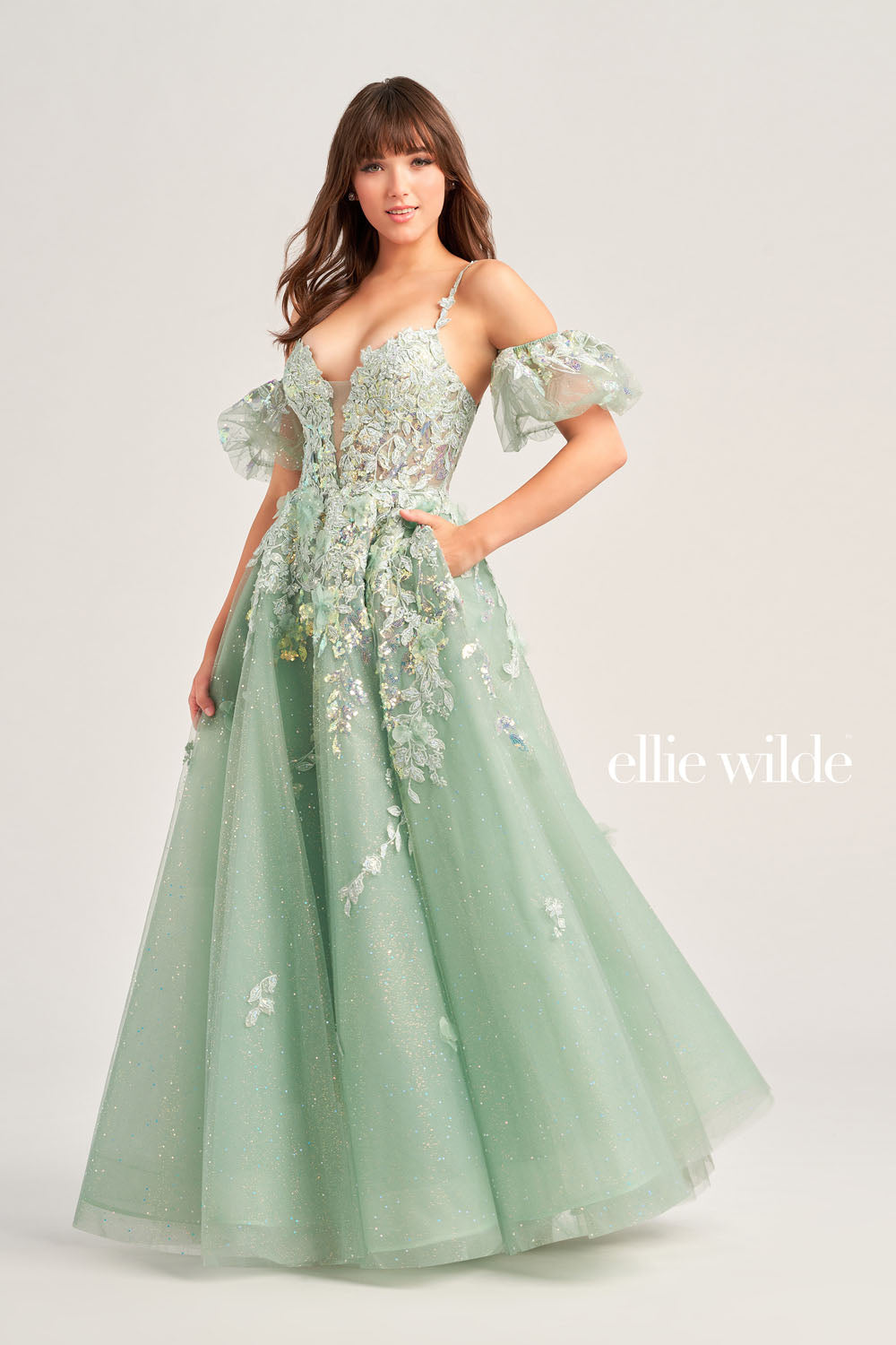 ice green color dress Ellie Wilde EW35205 | Ellie Wilde Dresses emerald green and white wedding dress