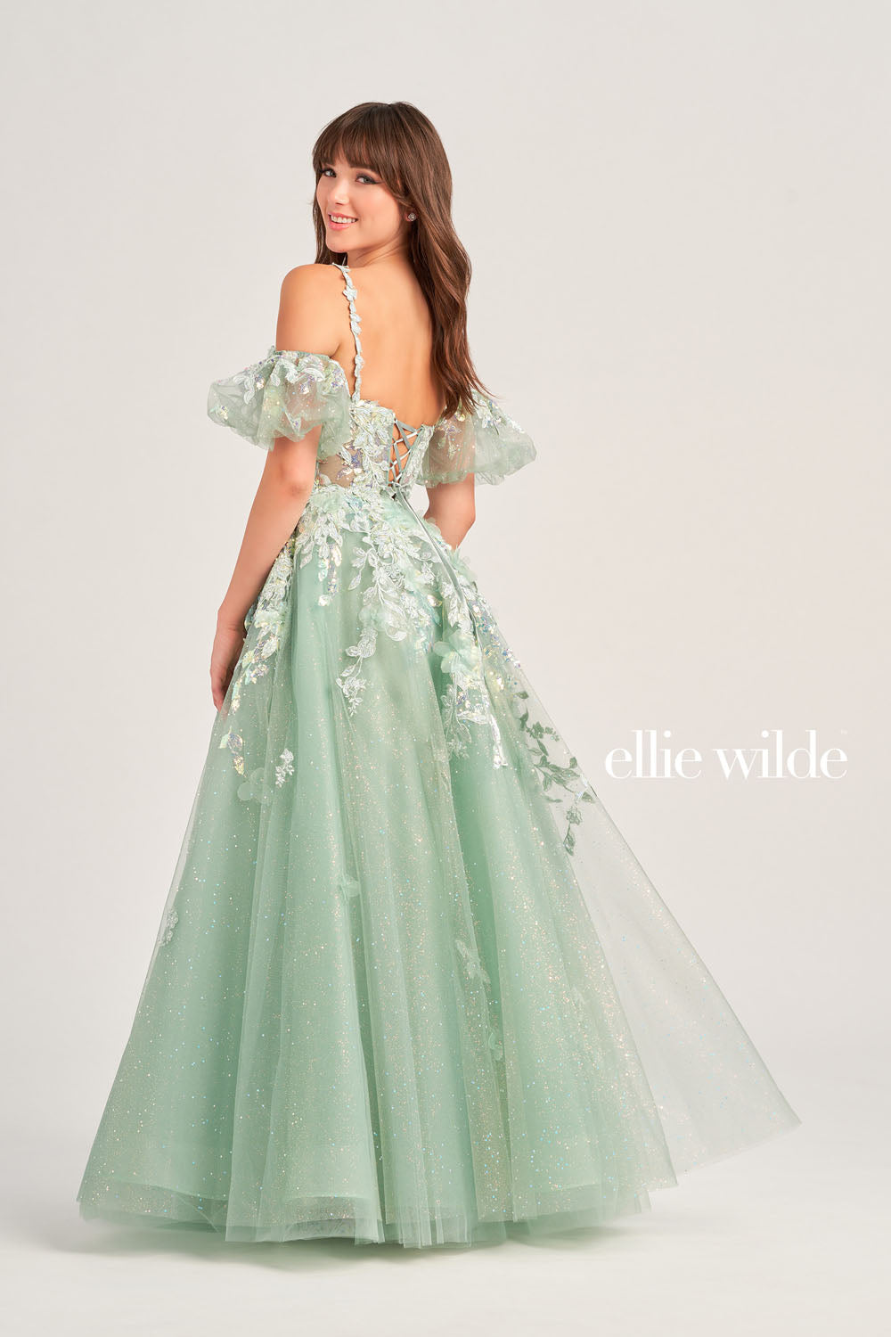 Ellie Wilde EW35205 prom dress images. Ellie Wilde EW35205 is available in these colors: Sage, Ice Blue.
