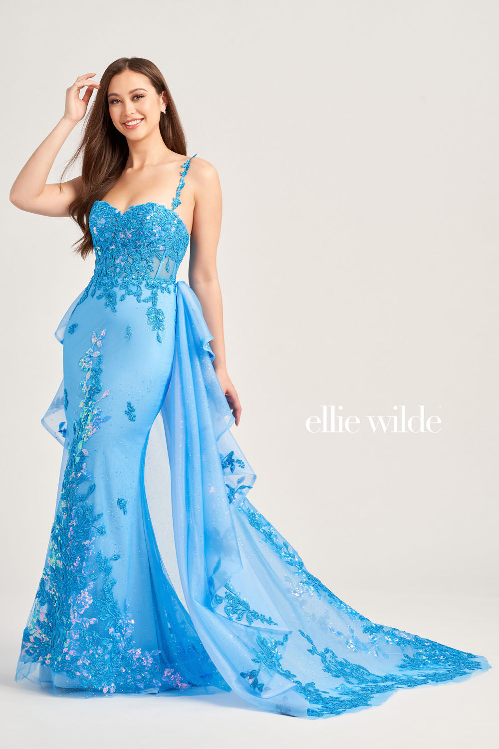 Ellie Wilde EW35207 prom dress images. Ellie Wilde EW35207 is available in these colors: Sage, Ocean Blue.