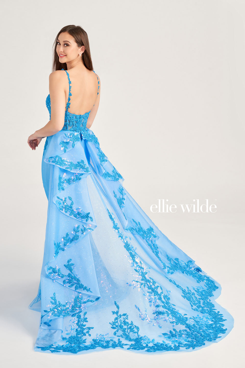 Ellie Wilde EW35207 prom dress images. Ellie Wilde EW35207 is available in these colors: Sage, Ocean Blue.