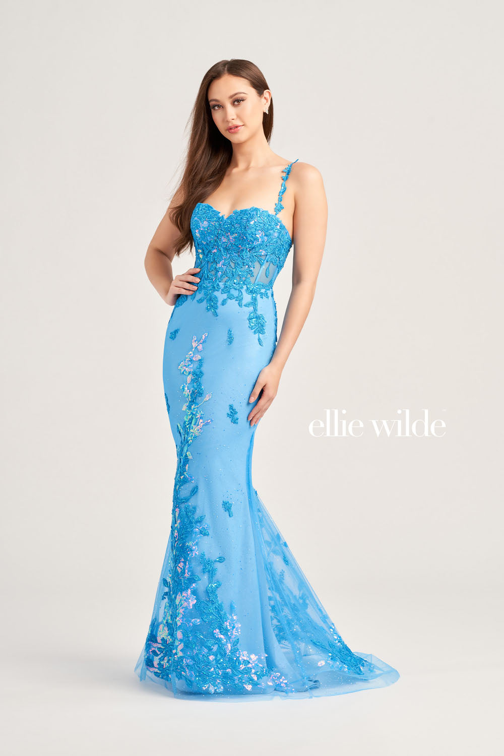 Ellie Wilde EW35207 prom dress images. Ellie Wilde EW35207 is available in these colors: Sage, Ocean Blue.