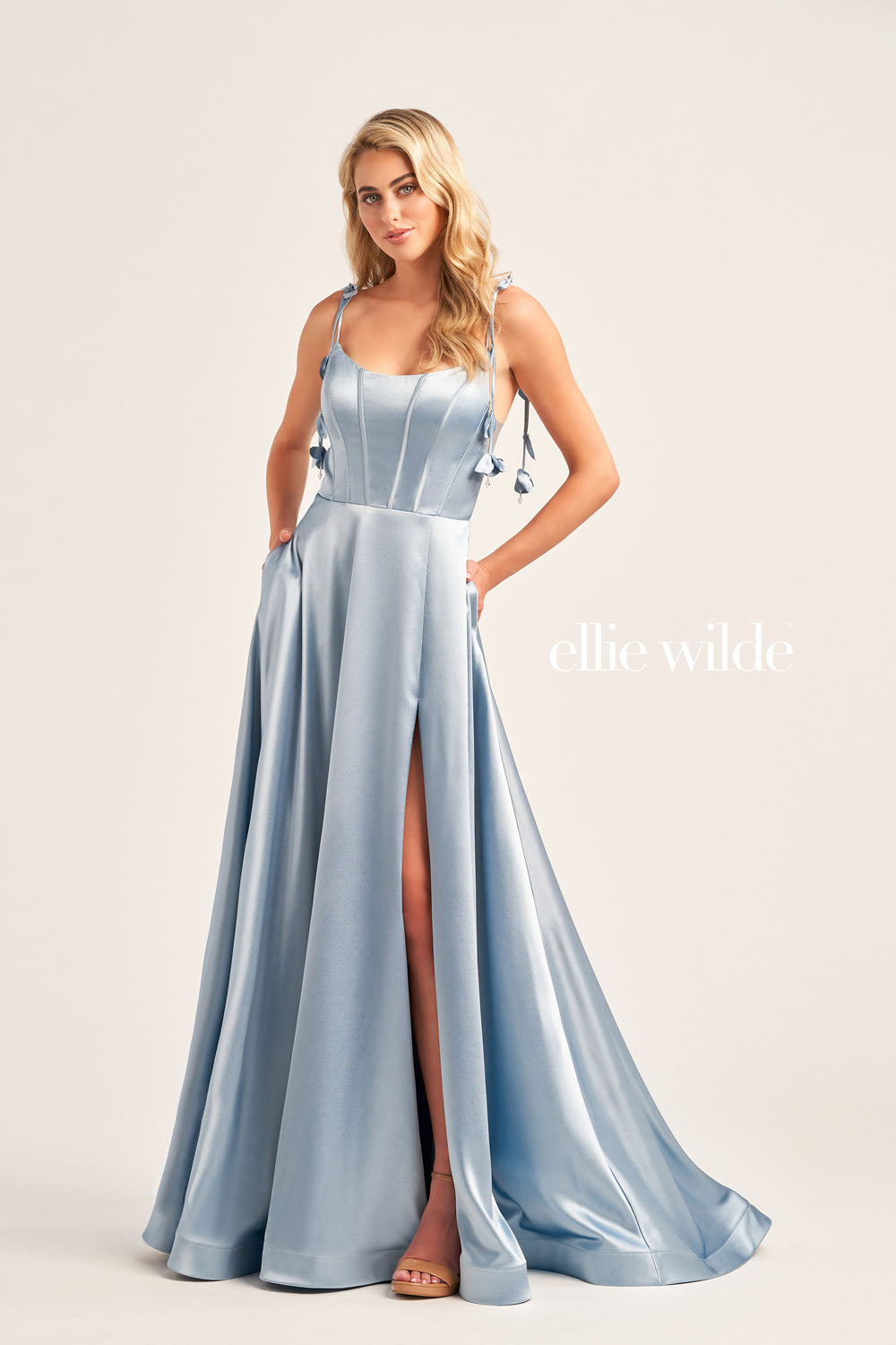 Ellie Wilde EW35215 prom dress images. Ellie Wilde EW35215 is available in these colors: Olive, Royal Blue, Hot Pink, Misty Blue.