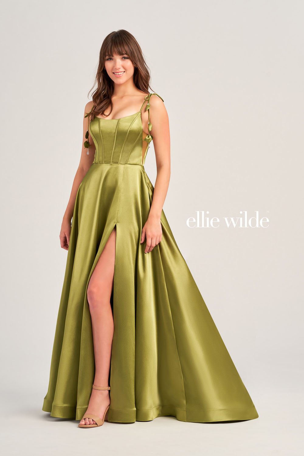 Ellie Wilde EW35215 prom dress images. Ellie Wilde EW35215 is available in these colors: Olive, Royal Blue, Hot Pink, Misty Blue.