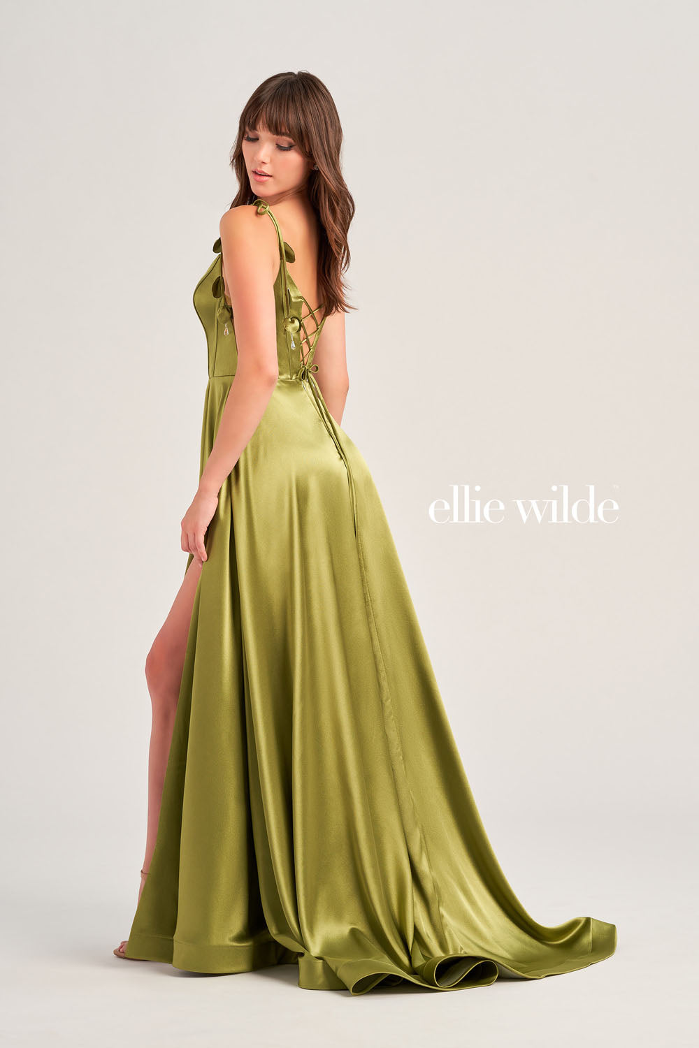 Ellie Wilde EW35215 prom dress images. Ellie Wilde EW35215 is available in these colors: Olive, Royal Blue, Hot Pink, Misty Blue.