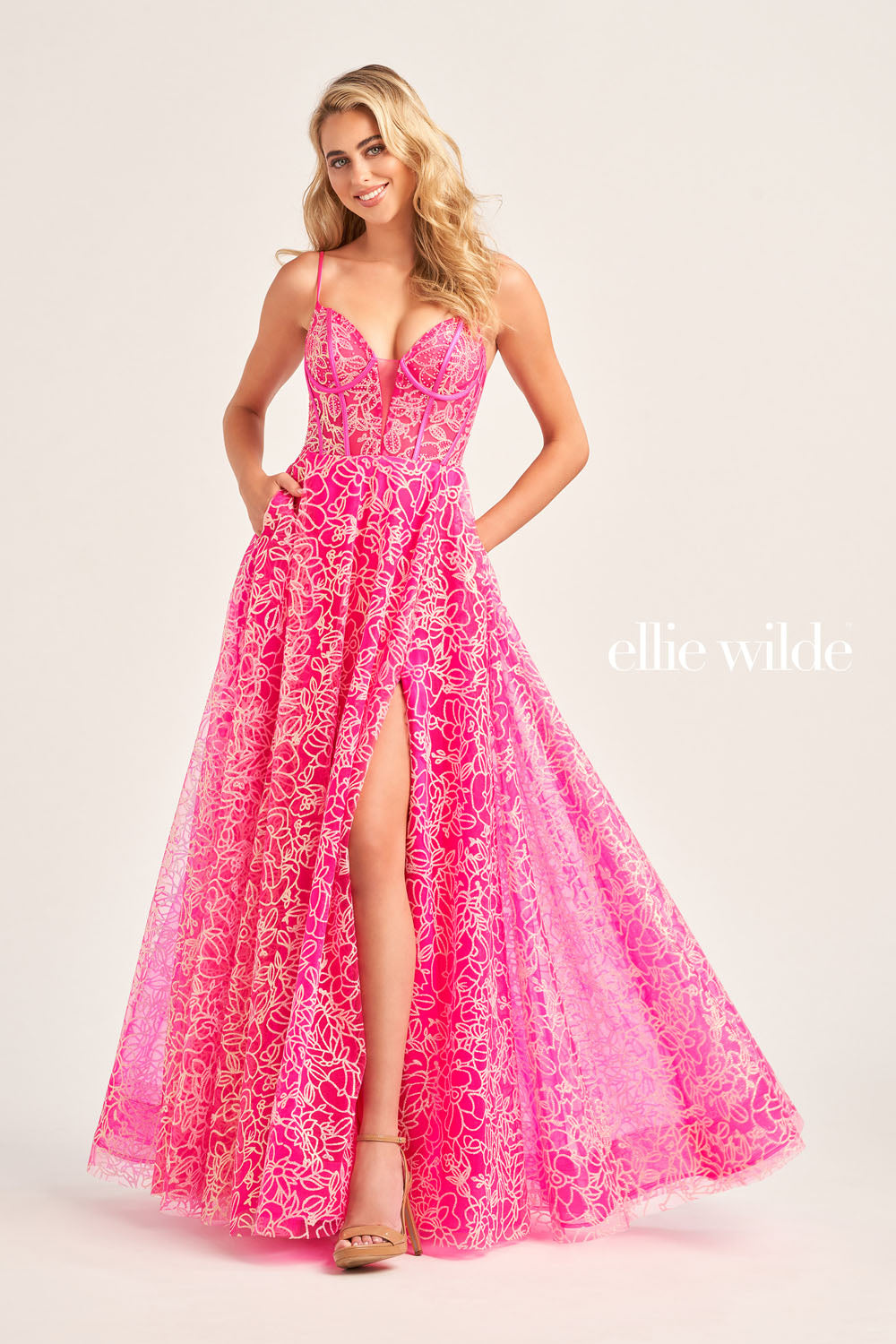 Ellie Wilde EW35216 prom dress images. Ellie Wilde EW35216 is available in these colors: Black, Sage, Hot Pink.