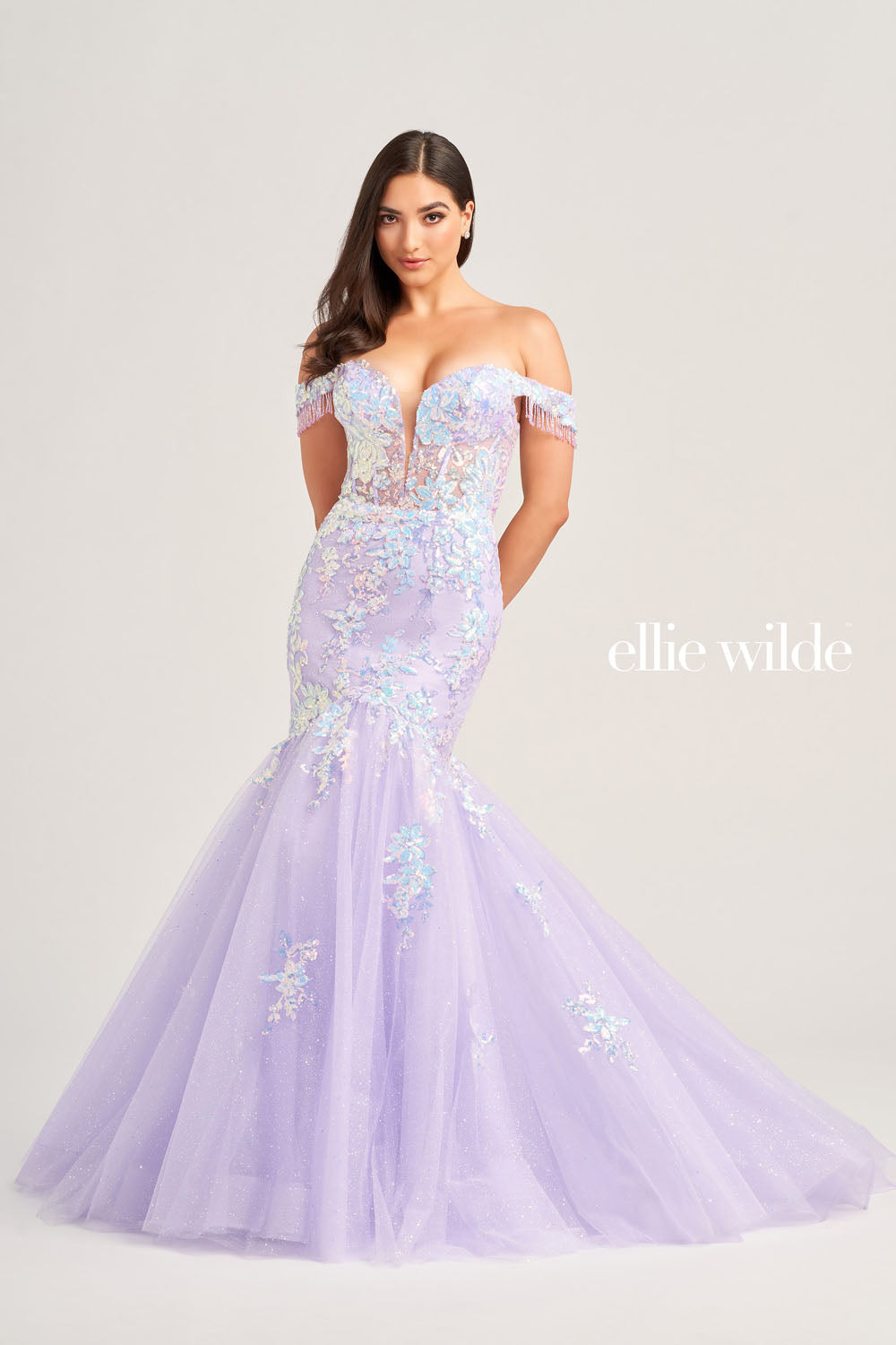 Ellie Wilde EW35219 prom dress images. Ellie Wilde EW35219 is available in these colors: Lilac, Dark Purple, Ocean Blue.