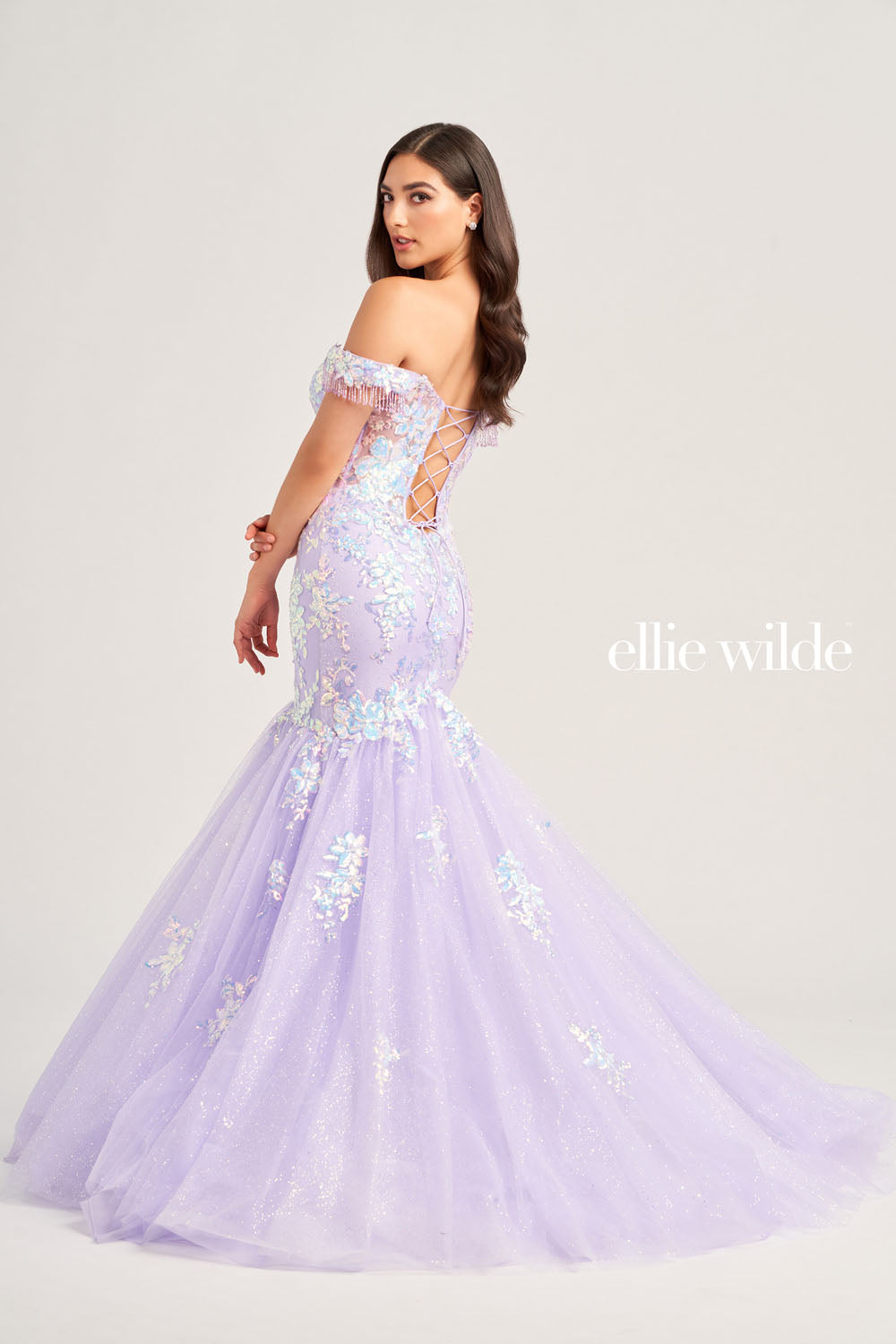 Ellie Wilde EW35219 prom dress images. Ellie Wilde EW35219 is available in these colors: Lilac, Dark Purple, Ocean Blue.