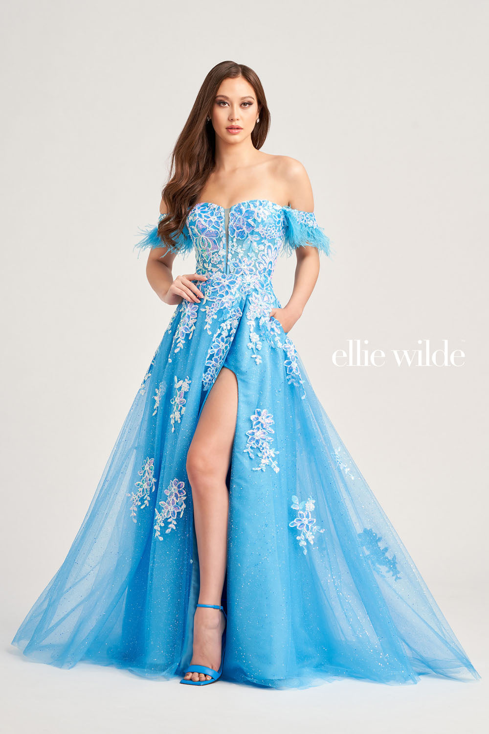 Ellie Wilde EW35220 prom dress images. Ellie Wilde EW35220 is available in these colors: Cerulean Blue, Hot Pink, Emerald.
