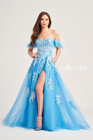Ellie Wilde EW35220 prom dress images.  Ellie Wilde EW35220 is available in these colors: Cerulean Blue, Hot Pink, Emerald.