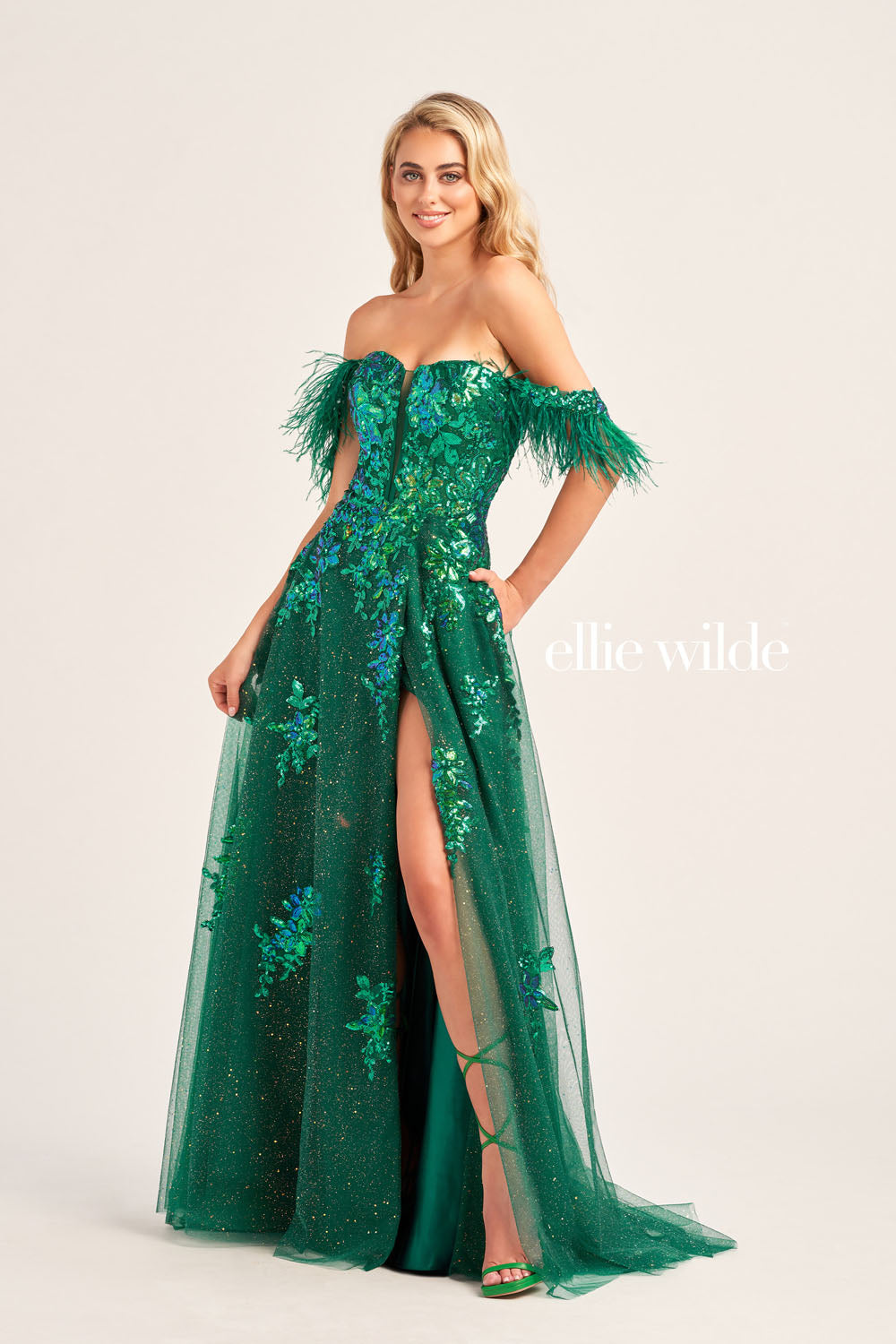 Ellie Wilde EW35220 prom dress images. Ellie Wilde EW35220 is available in these colors: Cerulean Blue, Hot Pink, Emerald.