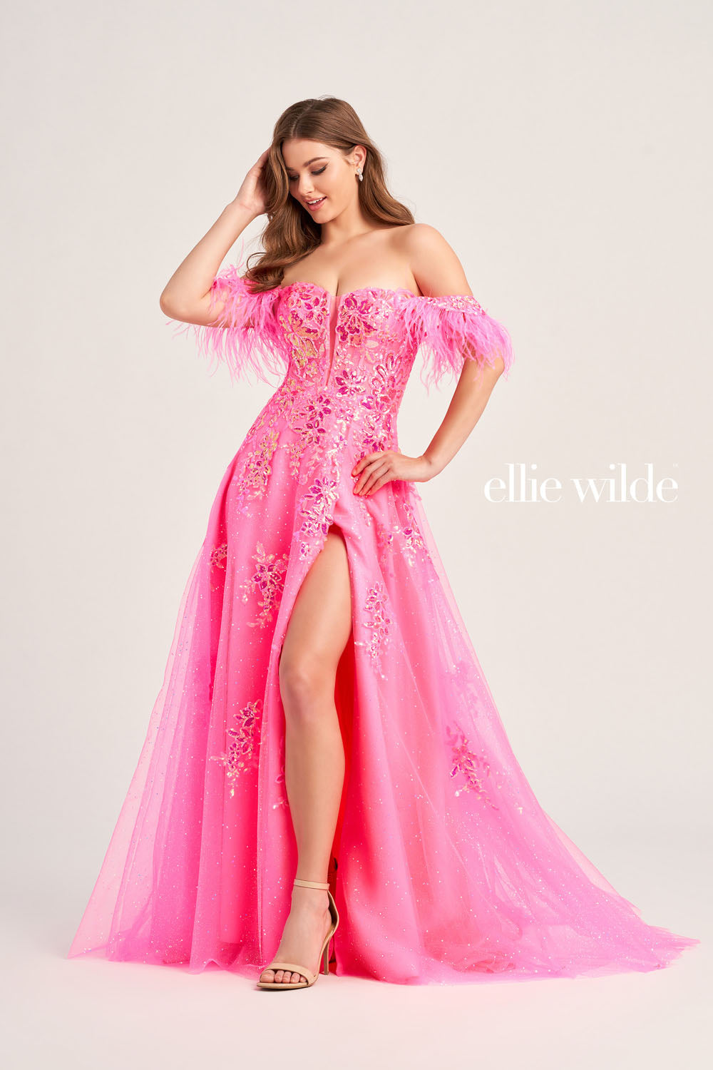 Ellie Wilde EW35220 prom dress images. Ellie Wilde EW35220 is available in these colors: Cerulean Blue, Hot Pink, Emerald.
