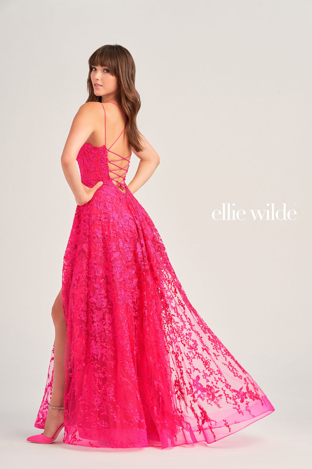 Ellie Wilde EW35222 prom dress images. Ellie Wilde EW35222 is available in these colors: Magenta, Light Blue, Emerald, Royal Blue, Navy Blue, Sage.