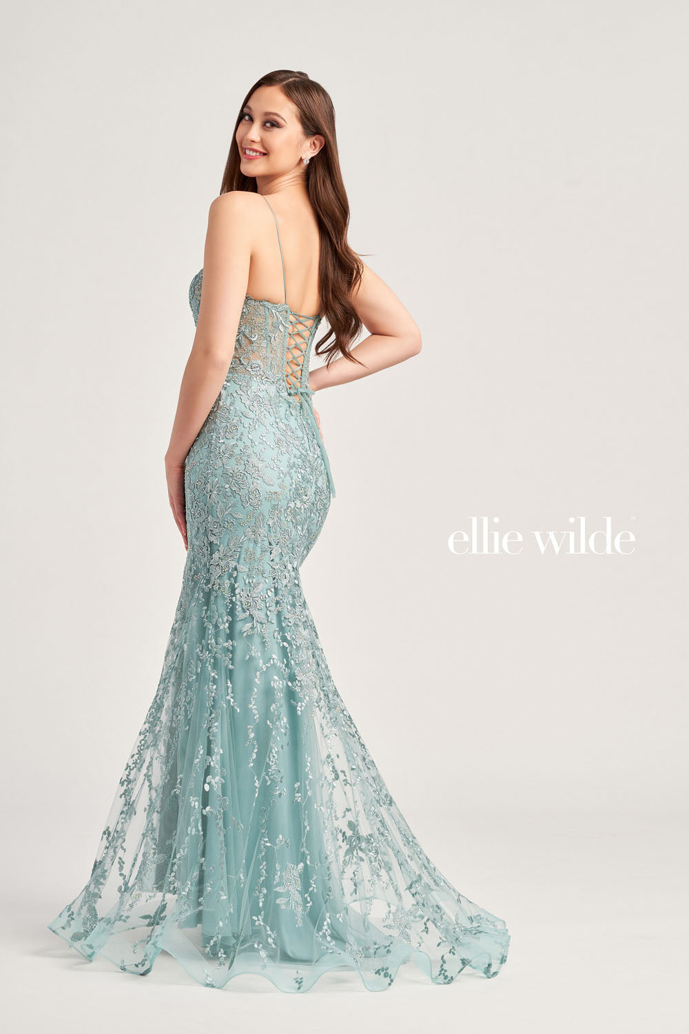Ellie Wilde EW35223 prom dress images. Ellie Wilde EW35223 is available in these colors: Sage, Red, Navy Blue.