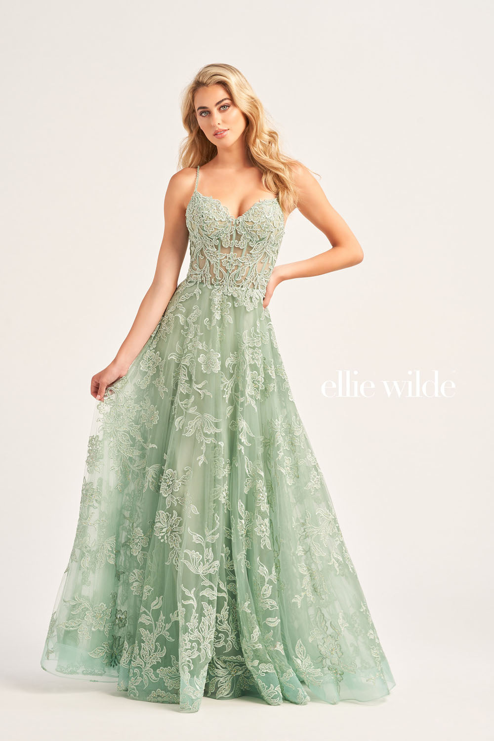 Ellie Wilde EW35226 prom dress images. Ellie Wilde EW35226 is available in these colors: Bluebell, Strawberry, Sage, Emerald.