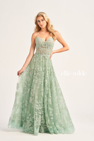 Ellie Wilde EW35226 prom dress images.  Ellie Wilde EW35226 is available in these colors: Bluebell, Strawberry, Sage, Emerald.