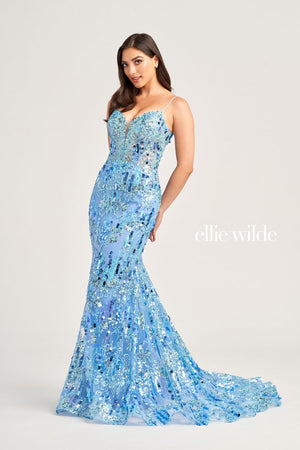 Ellie Wilde EW35228 prom dress images.  Ellie Wilde EW35228 is available in these colors: Bluebell, Emerald Gold.