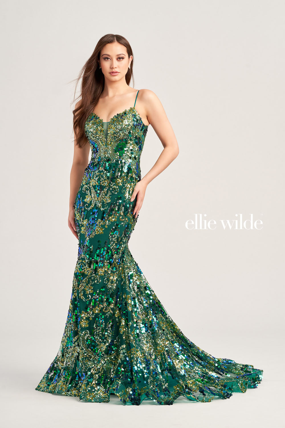 Ellie Wilde EW35228 prom dress images. Ellie Wilde EW35228 is available in these colors: Bluebell, Emerald Gold.