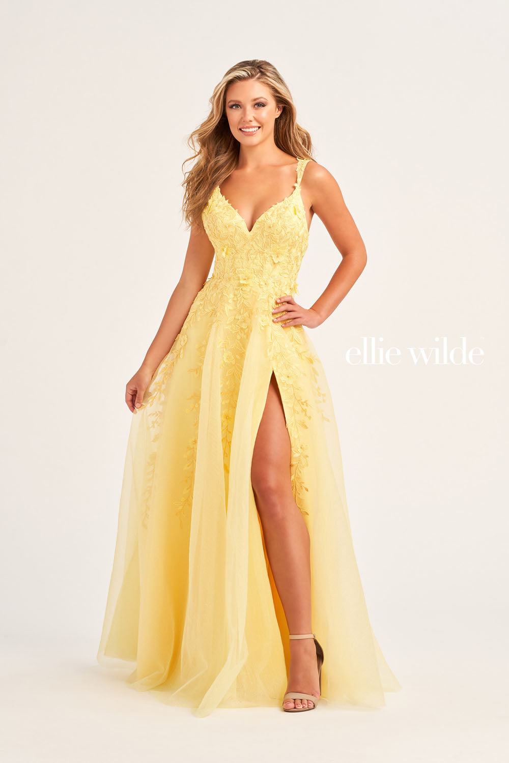 Ellie Wilde EW35233 prom dress images. Ellie Wilde EW35233 is available in these colors: Red, Royal Blue, Light Blue, Light Yellow.