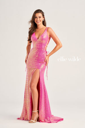 Ellie Wilde EW35235 prom dress images.  Ellie Wilde EW35235 is available in these colors: Orange, Light Blue, Hot Pink.