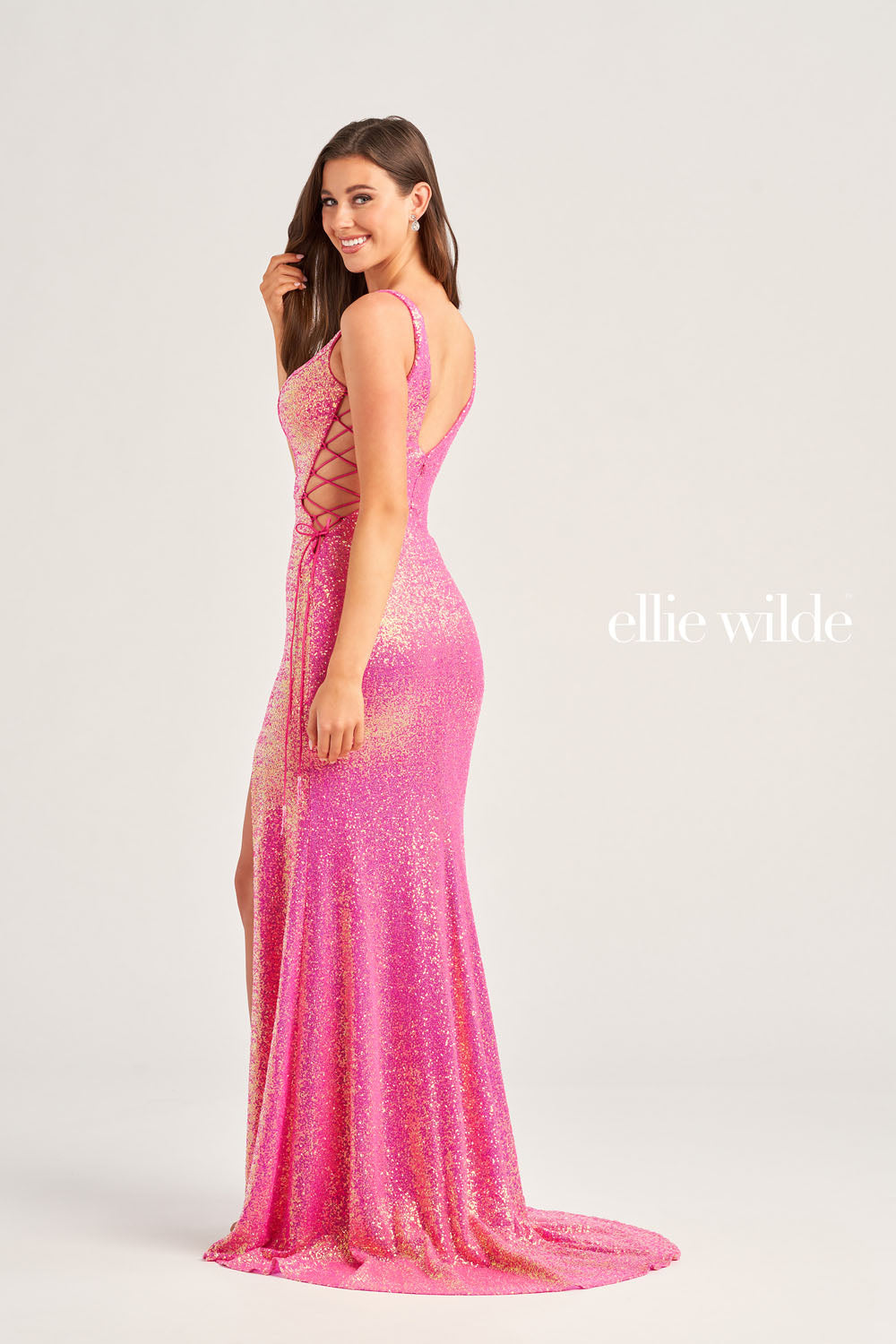Ellie Wilde EW35235 prom dress images. Ellie Wilde EW35235 is available in these colors: Orange, Light Blue, Hot Pink.