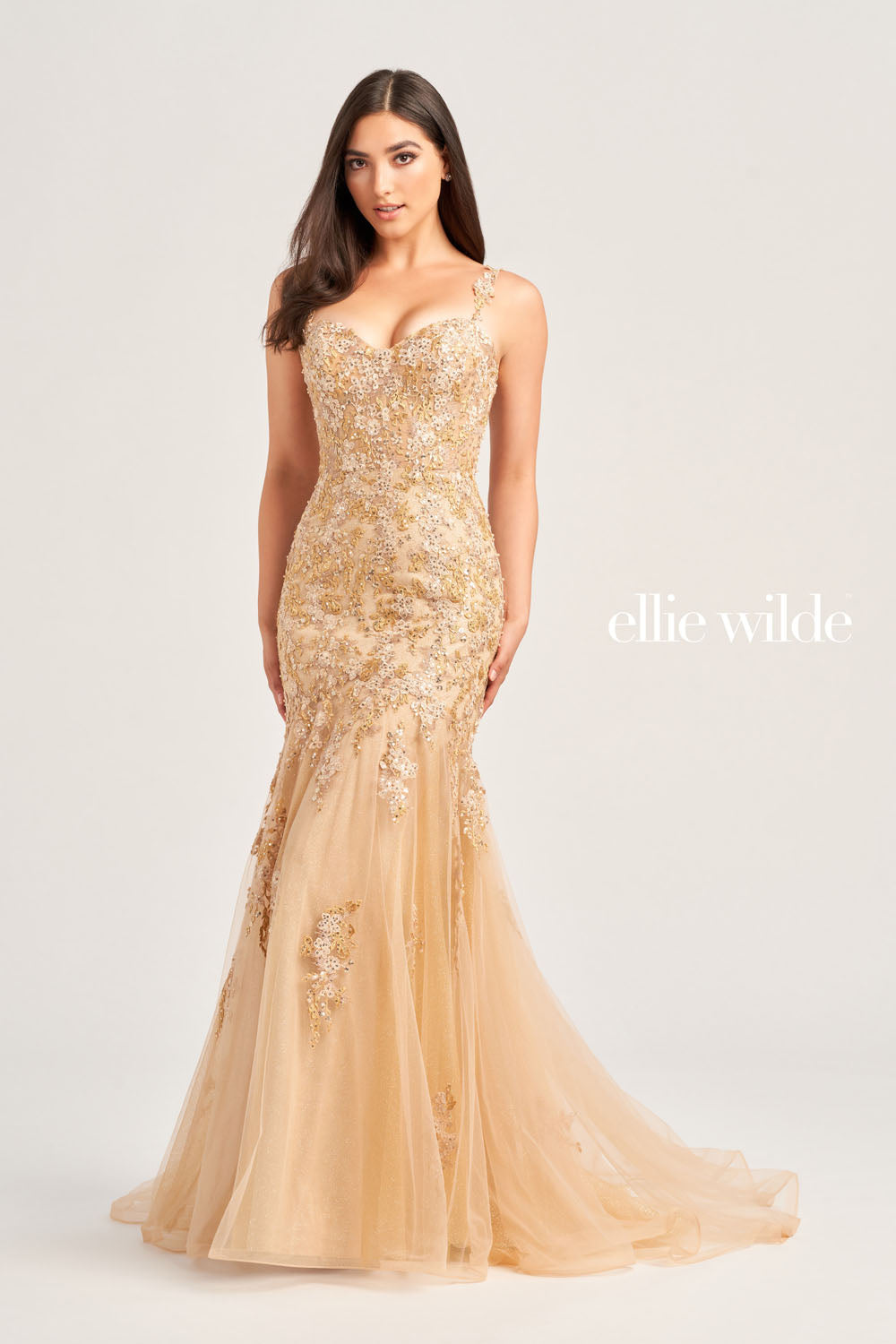 Ellie Wilde EW35238 prom dress images. Ellie Wilde EW35238 is available in these colors: Bluebell, Hot Pink, Dark Champagne, Emerald.
