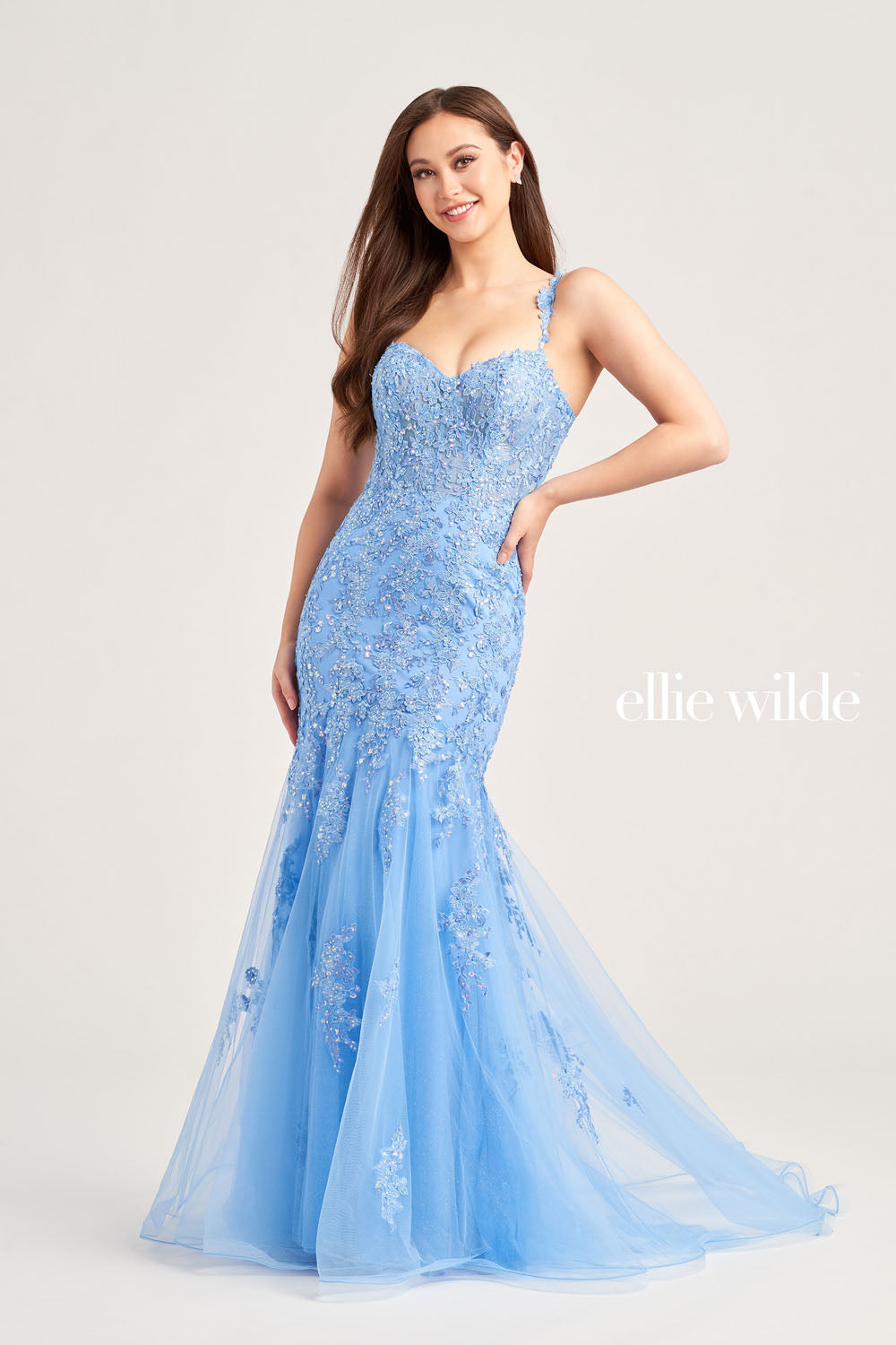 Ellie Wilde EW35238 prom dress images. Ellie Wilde EW35238 is available in these colors: Bluebell, Hot Pink, Dark Champagne, Emerald.