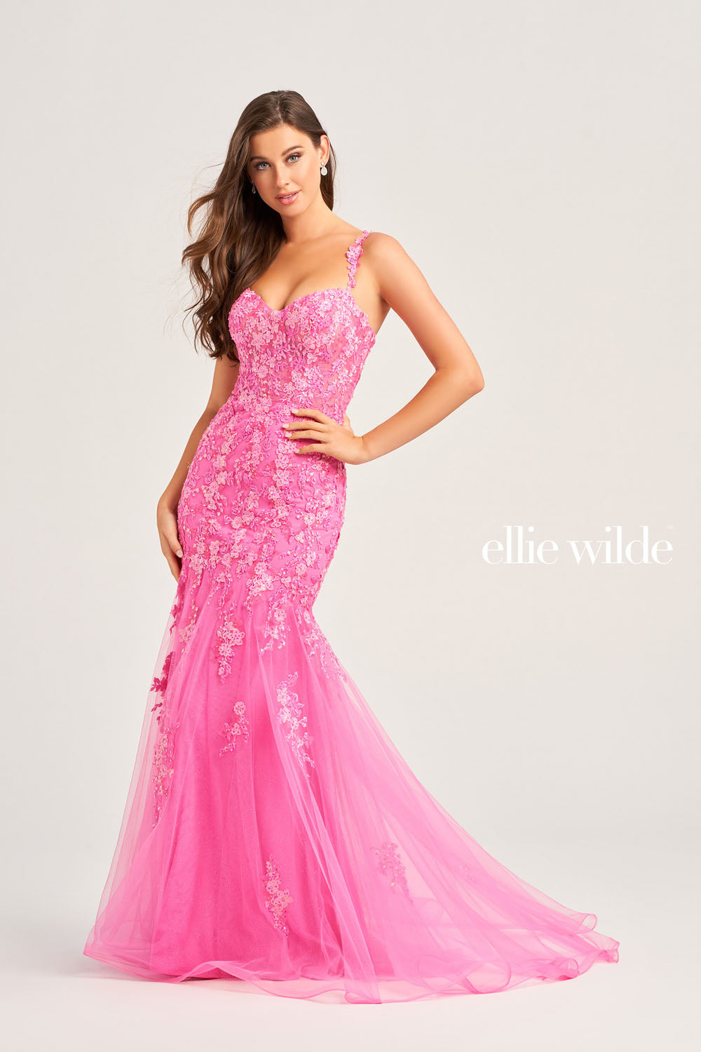 Ellie Wilde EW35238 prom dress images. Ellie Wilde EW35238 is available in these colors: Bluebell, Hot Pink, Dark Champagne, Emerald.