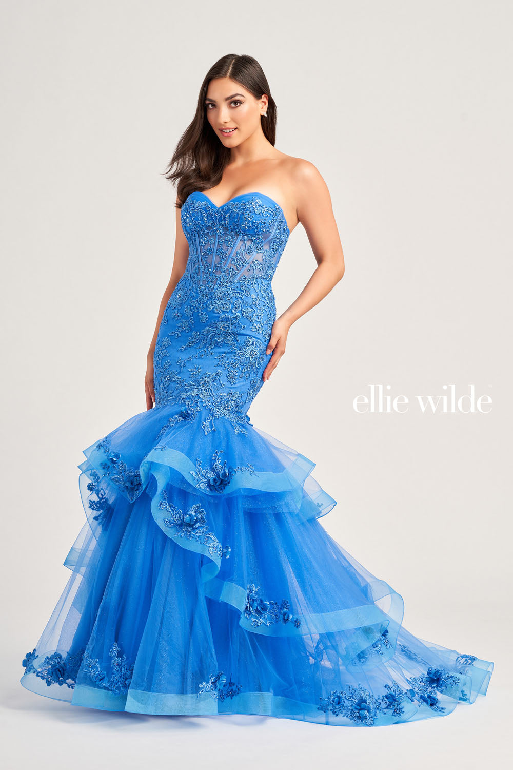 Ellie Wilde EW35239 prom dress images. Ellie Wilde EW35239 is available in these colors: Ocean Blue, Lilac, Red.