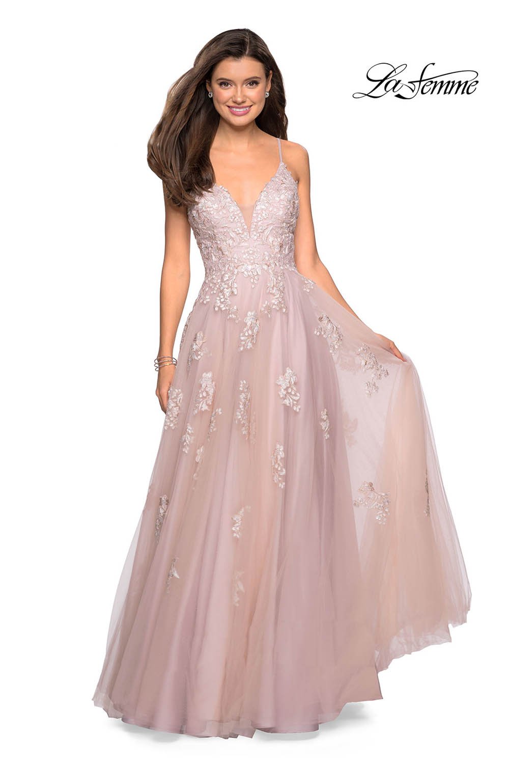 Gigi by La Femme 27320 prom dress images.  Gigi by La Femme 27320 is available in these colors: Blush, Cloud Blue, Ivory Nude.
