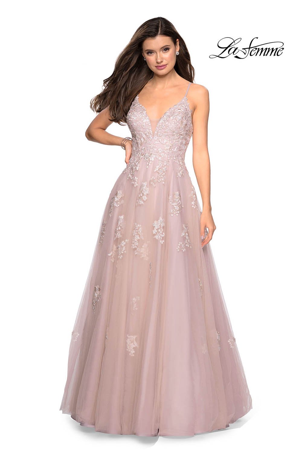 Gigi by La Femme 27320 prom dress images. Gigi by La Femme 27320 is available in these colors: Blush, Cloud Blue, Ivory Nude.