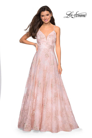 Gigi by La Femme 27549 prom dress images.  Gigi by La Femme 27549 is available in these colors: Pink Mulighti, Silver.
