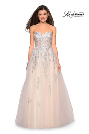 Gigi by La Femme 27592 prom dress images.  Gigi by La Femme 27592 is available in these colors: Champagne, Silver.