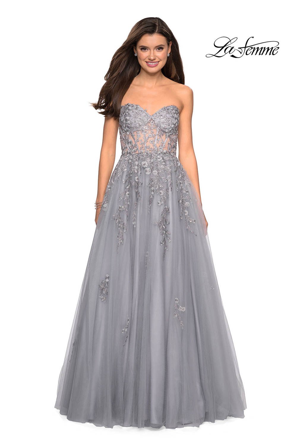 Gigi by La Femme 27592 prom dress images. Gigi by La Femme 27592 is available in these colors: Champagne, Silver.