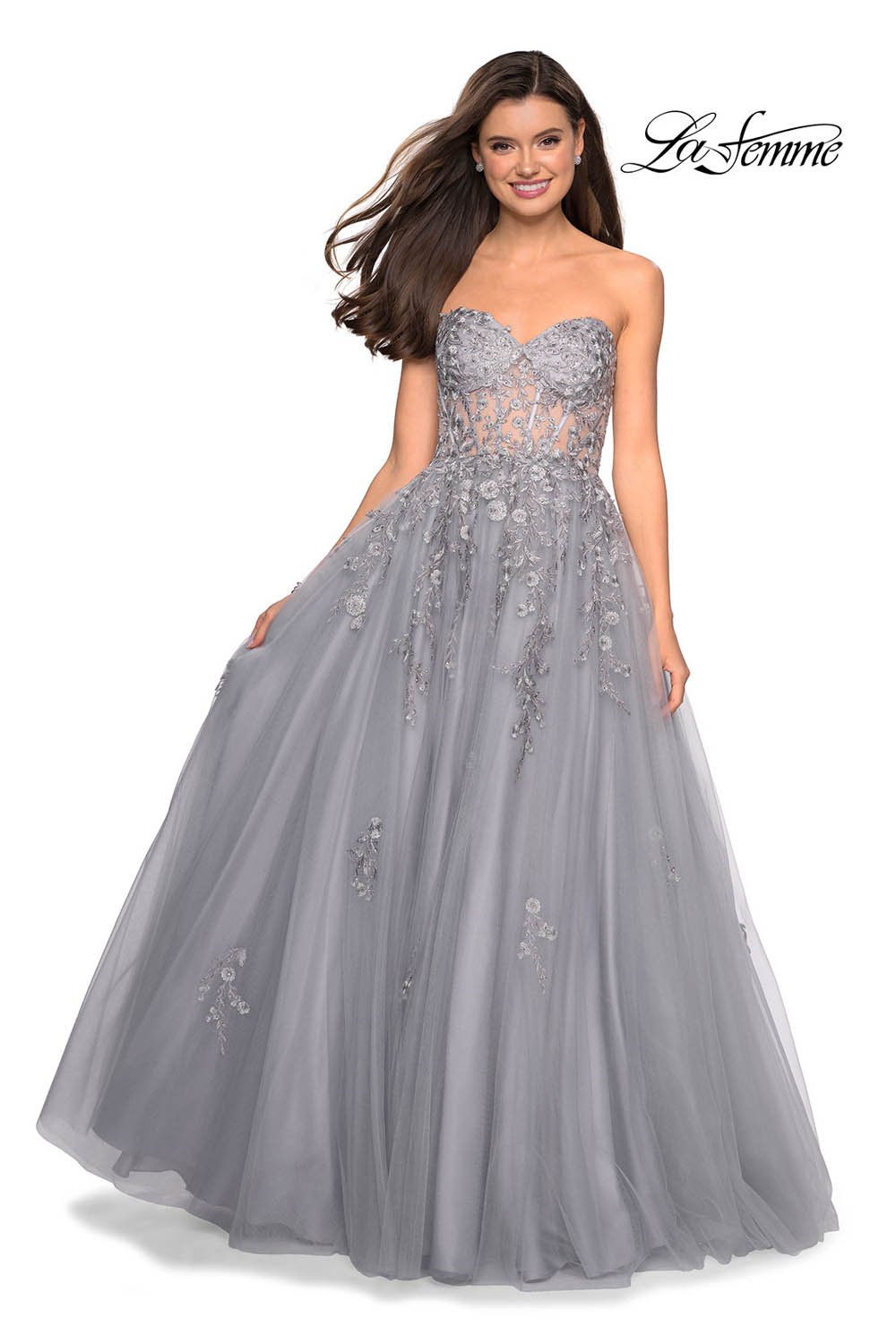 Gigi by La Femme 27592 prom dress images. Gigi by La Femme 27592 is available in these colors: Champagne, Silver.